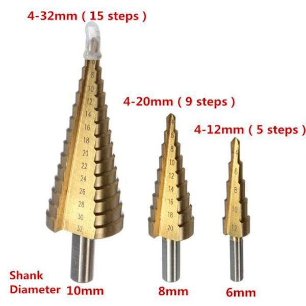 3 Pcs HSS Step Drill 4 to 12/20/32mm Conical Tool for Drilling Screwdriver