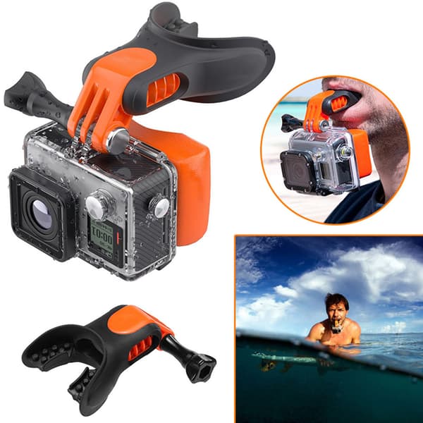 Surfmunfäste för GoPro med flytblock och rem - svart/orange