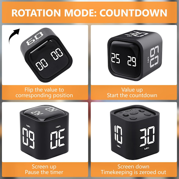 Kubtimer, Roterande Pomodoro-timer, 5/10/30/60 minuter och anpassad nedräkning, Digital timer med vibration Black