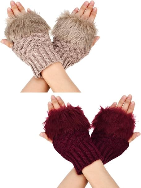 (Kamel + Bourgogne) 2 par fingerlösa vinterhandskar korta touch S