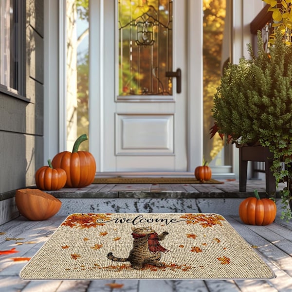 Höst Dørmåtte Kat Ahornblade Tæpper Efterårshøst Dørmåtte Thanksgiving Hjem Køkken Dekoration Gulv Frontmåtter 50,8 x 80 cm