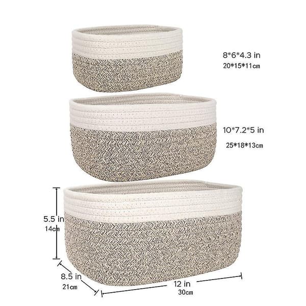 Set of 3 Braided Cotton Rope Storage Baskets for Bathroom, Changing Table, Nursery Decor - Stackable and Versatile