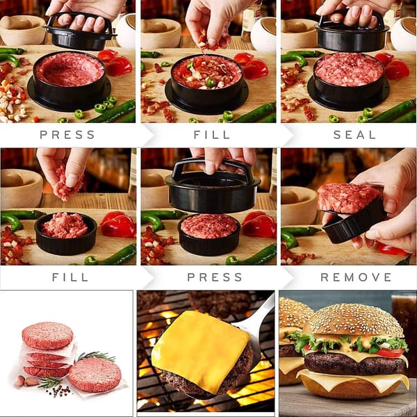 3-i-1 hamburgerpress, fylld hamburgerpress med 12 cm-200 non-stick BBQ hamburgerpapper