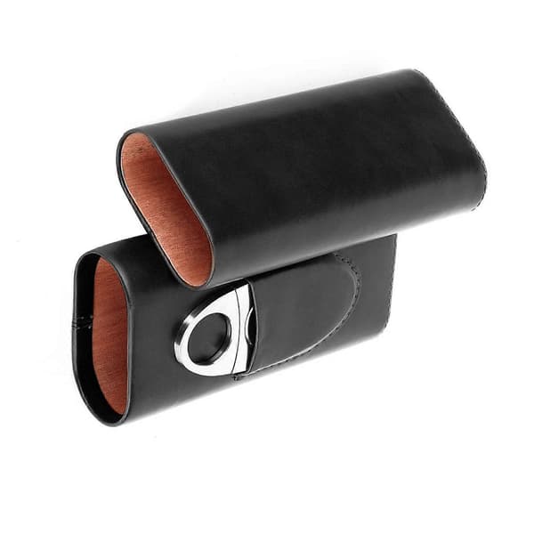 Portable Leather Cigar Case Cedar Wood Lined Cigar Humidor with Cutter (for 3 Cigars Black) [DB]