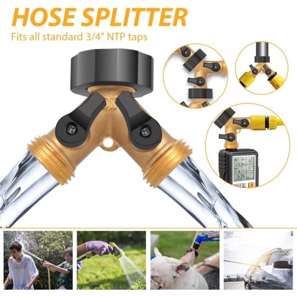 Havedeleslange - 2-vejs Y-stykke - Messing - Haveslangeadapter - Massiv messing - Kobber - 2 ventiler med 5 gummiskiver