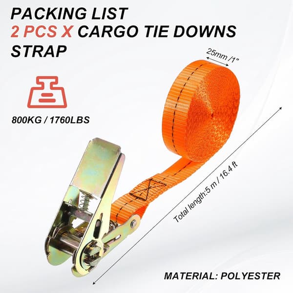 2 Tie-Down Straps - 2.5 cm x 5 m, Ratchet Straps, 800 kg Breaking Strength - for Motorcycles, Trailers - Orange