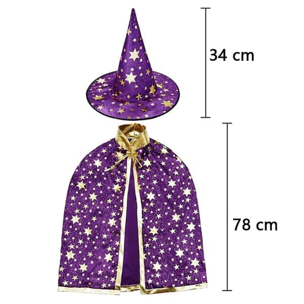 Halloween-kostume Troldmandskappe Heksekappe med hat med stjernemønster Børns rollespilsfest, lilla