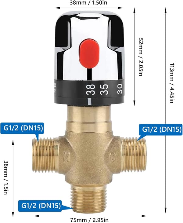 Thermostatic Mixing Valve, Solid Brass 3-Way Hot-Cold Water Regulator 1/2\" BSP (15mm) Connection