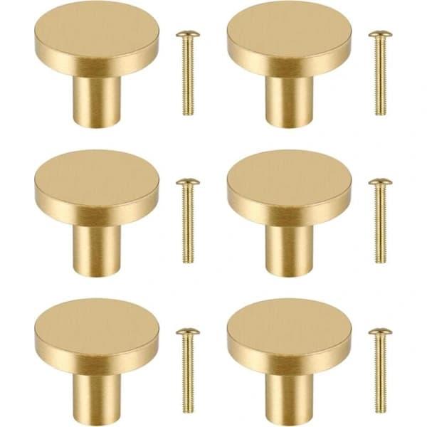 6 Solid Brass Round Cabinet Knobs, Gold Drawer Handles with Screws, Compatible with Furniture and Cabinets