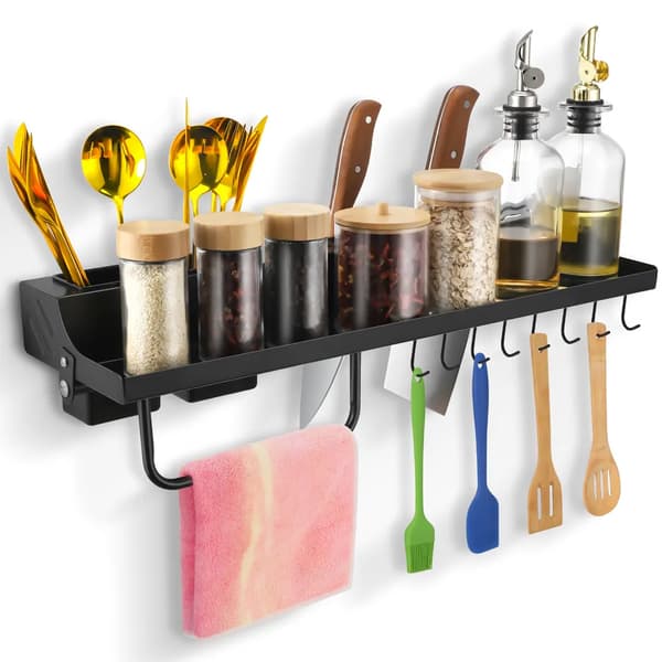 Spice Rack Wall, 50 cm Wall Mounted Kitchen Shelf with 8 Hooks, Hanging Kitchen Holder No Drilling for Kitchen, Bathroom