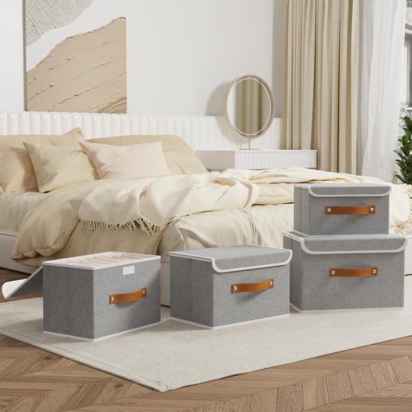 OUTBROS Foldable Storage Box with Lid, Large Linen Wardrobe Box, Baskets For Towels, Clothes, 38 x 25 x 25 cm (Grey, 1-pack)
