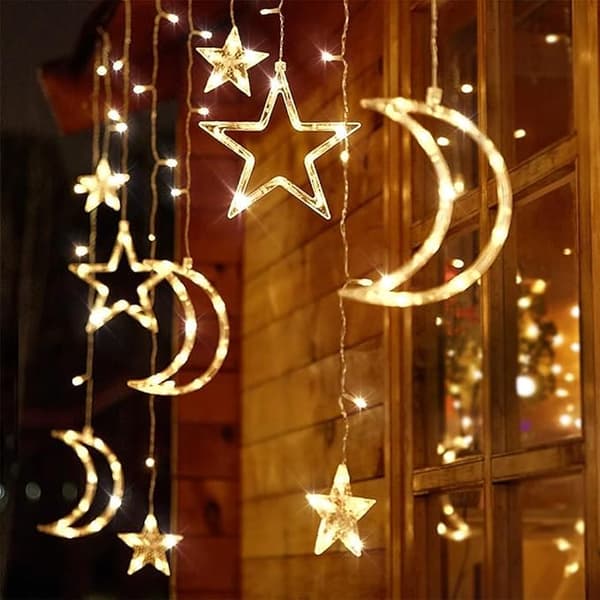 LED Ramadan Light String, 3.5 m Light Curtain Window Indoor USB/Battery, LED Ramadan Lamp Star Moon Islamic Style Warm White