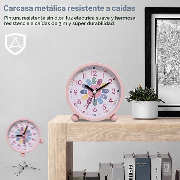 Cartoon Theme Children's Early Learning Alarm Clock, Silent Luminous Table Clock with Analog Hands, Quartz, Rose Pink
