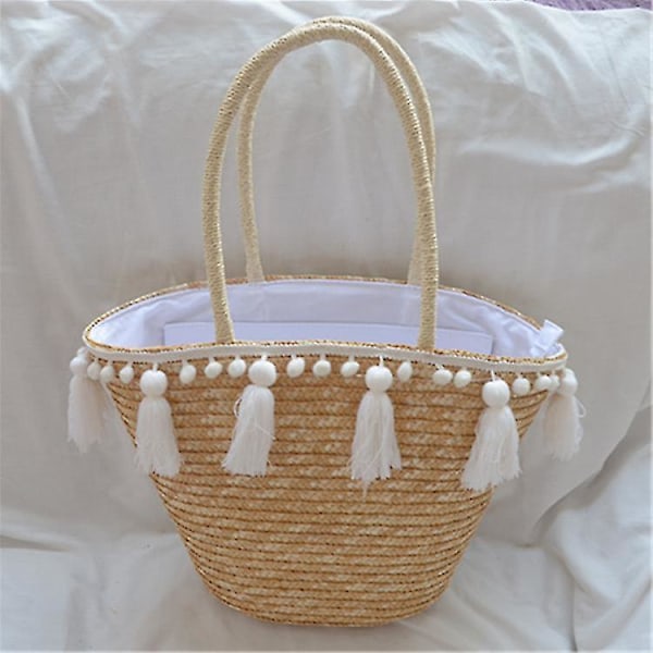 Dam Straw Handväska Blomma Vävd Sommar Strand Messenger Tote Bag Korg Shopper Plånbok-Pompong Handväska Straw Bag Kvinnor strand vävd