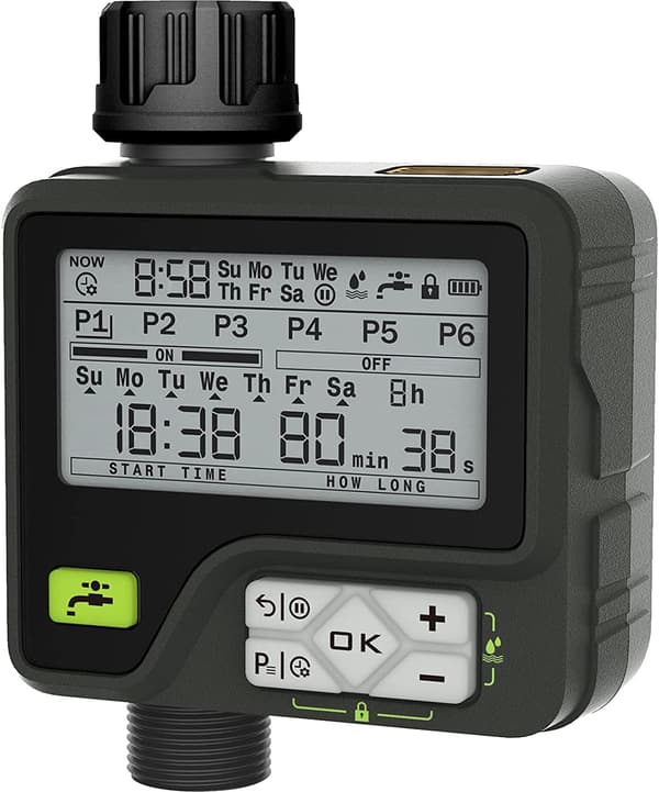 Automatisk vanningsur for hage med regnsensor, sprederur, vanningssystem, kontroller, 6 uavhengige programmer