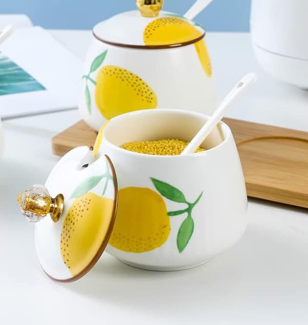 Keramisk sukkerskål citron krydderikrukke opbevaring med låg og ske, 10oz -