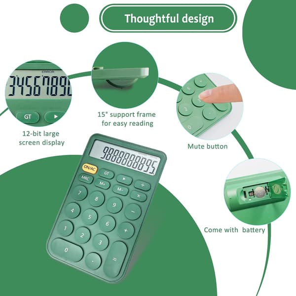 Standard Calculator 12 Digits, Desktop Large Display and Buttons, Calculator with Large LCD Display, Automatic Sleep Mode, with Battery, Green