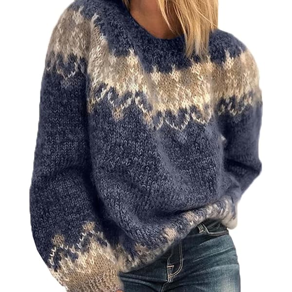 Dametrøje i Mohair, Rund hals, Løs, Grovstrikket, Jacquard, Efterår/Vinter (L)