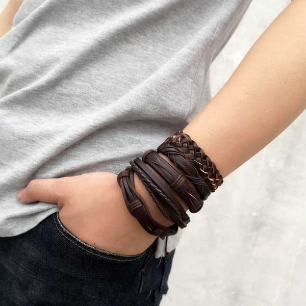 5-pak håndlavede læderarmbånd til mænd, brune
