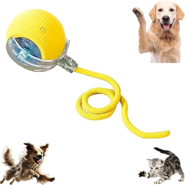 Interactive Pet Toy - Smart Rolling Ball with LED Light, 360° Automatic for Cats and Dogs, Rechargeable, Yellow yellow
