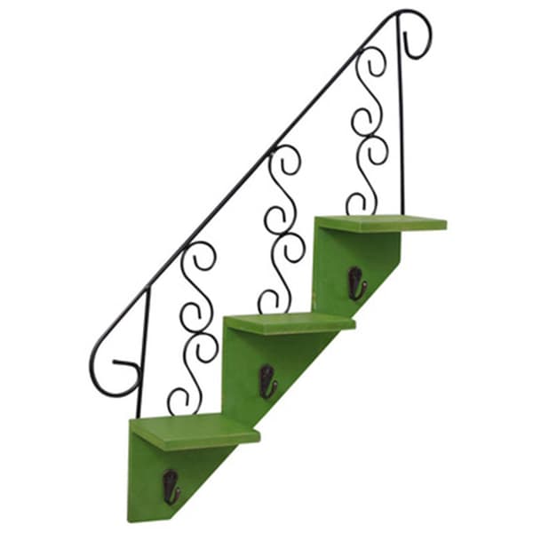 Wall Mounted Shelf with Hooks for Flower Pots, Step Design, Green
