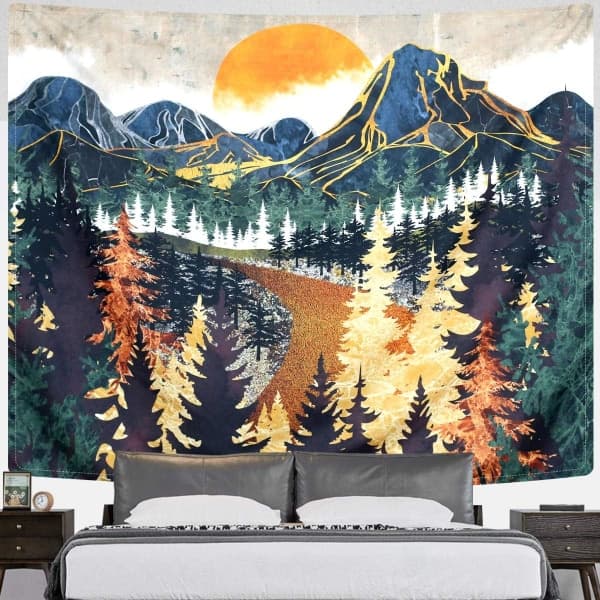 Mountain Tapestry Wall Hanging Forest Trees Art Tapestry Sunset T 150*100cm