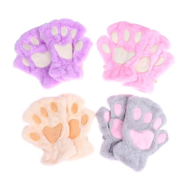 Cute Cat Paw Fingerless Mittens Warm Soft Plush Fingerless Gloves White