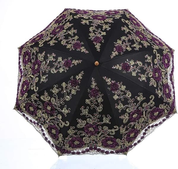 Dameblonde 2-foldbar UV-parasol Sne/Regn/Sol Paraply Broderi Bryllupsparaply