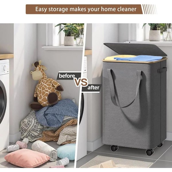 Large Laundry Basket with Wheels - 70L Foldable Laundry Hamper with Lid and Removable Inner Bag_TF_TF Grey Grå