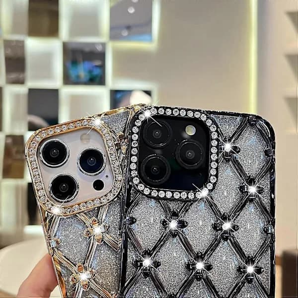 Suitable for iPhone 16 Pro Max mobile phone case, cute luxury glitter rhinestone flower protective case_yux