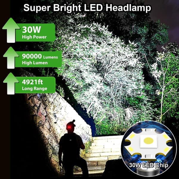 Erittäin tehokas LED-otsalamppu 90000 lumenia, ladattava otsalamppu 4 tilalla ja punaisella varoituksella