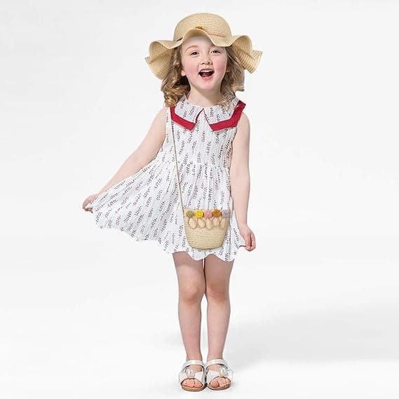 Beige - Solhat til piger, sommerhat i strå og clutch med blomster til børn