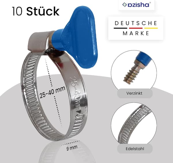 10-pack rostfria slangklämmor med vingmutter - slangklämma med 9 mm band (25-40 mm blå vingmutter)