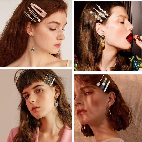 (Style 1) 20 pcs Handmade Acrylic Resin Hair Clips with Marble Pattern Pearls and Geometric Rhinestones - E