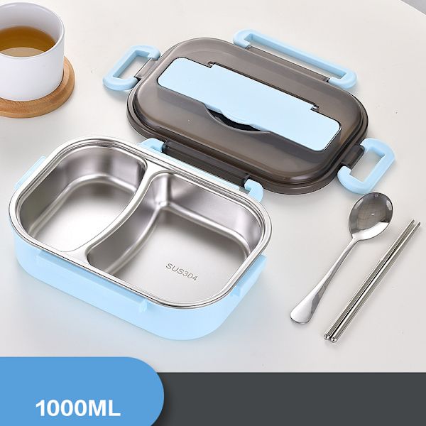 Bentoboxar för studenter rostfritt stål foder dubbellager lunchlåda med lock lunchbehållare för barn vuxen Small 2 Grid Blue