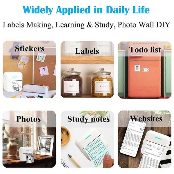 Mini Portable Printer, Inkless Sticker Printer with 12 Rolls of Paper, Mini Thermal Printer for Notes/Photos/Stickers, White