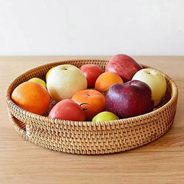 Round Rattan Serving Tray Decorative Woven Ottoman Tray With Handles For Coffee Table Natural