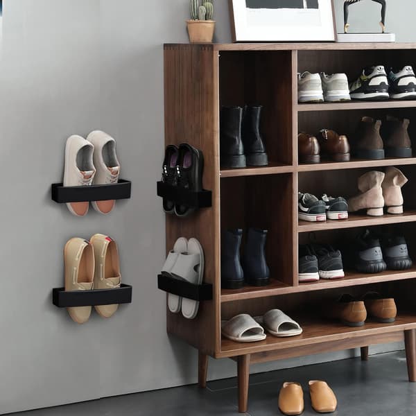 (Black-4) Adjustable Wall Mounted Shoe Rack, Plastic Shoe Holder