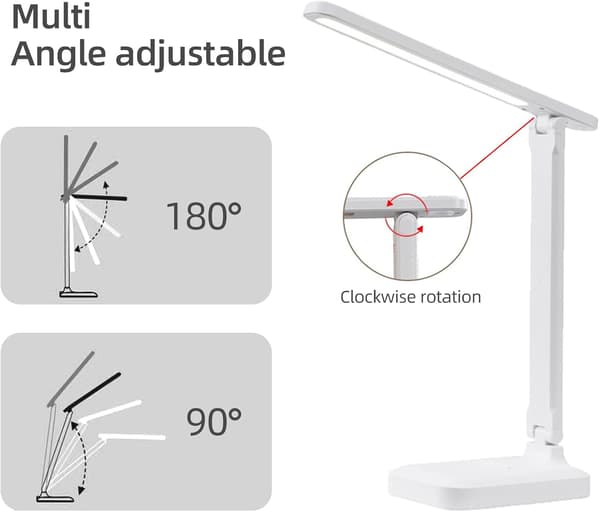 Skrivebordslampe, LED-bordlampe, sammenklappelig 3-farvet belysningsniveauer, USB