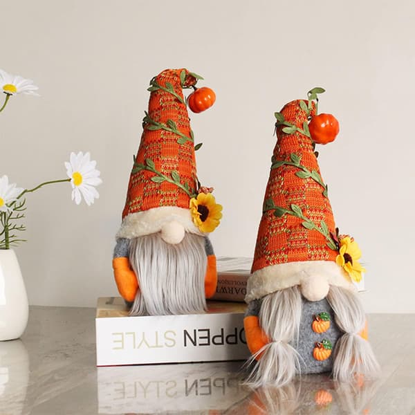 Höstskörd Pumpatomteprydnad, Orange Höstsolrosor, Grön Blad Svensk Tomteplyschdocka