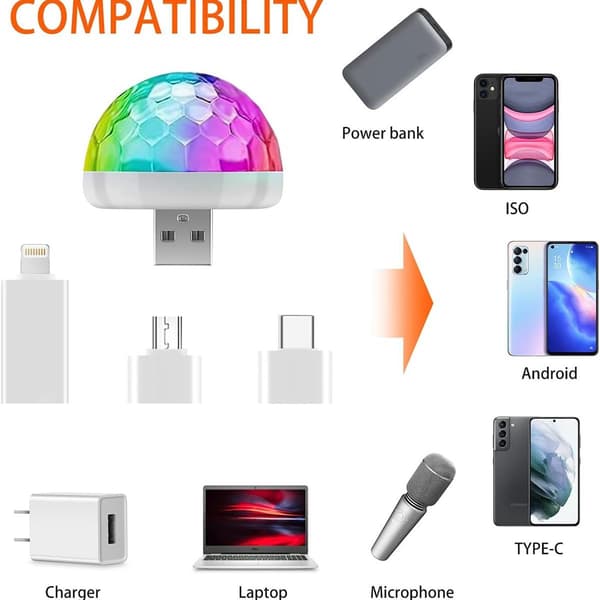 Mini discokulelys USB, discokule LED-festlampe stemmestyring disco