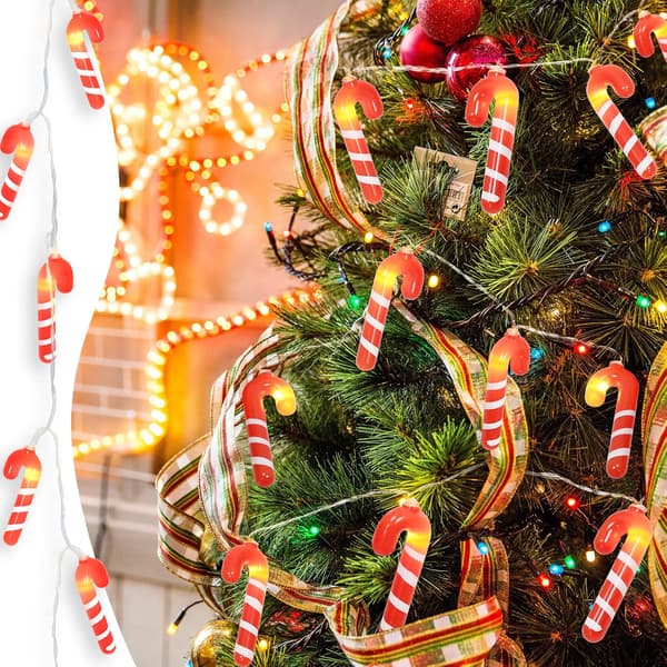 1 röd sockerrörsljuskrans, 10 LED-julsnögubbeljus