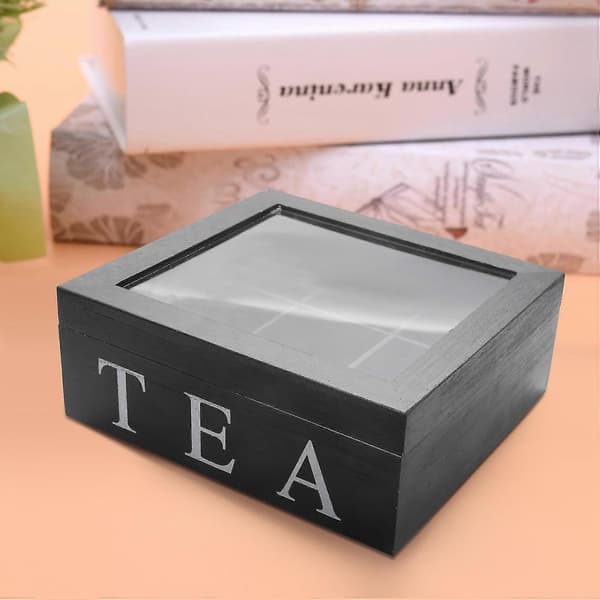 Wooden Tea Box with 9 Compartments, Tea Bag Storage Box, Square Gift Box with Transparent Lid for Jewelry