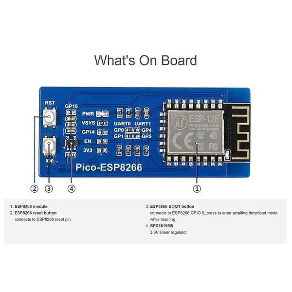 ESP8266 WiFi-moduuli Picolle, laajennusmoduuli ohjattavissa UART AT:n kautta