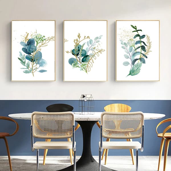 Grön akvarell eukalyptusblad Canvasmålning Guld konstmålning Galleri Modern heminredning Målning (3 delar)