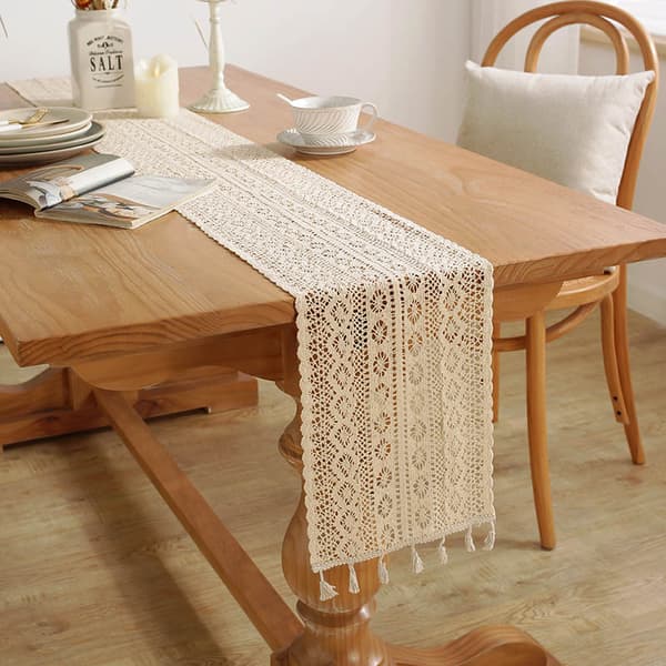 Spisebord heklet blomst uthulet tebordtrekk duk beige dusk serviett bordflagg 24*180CM