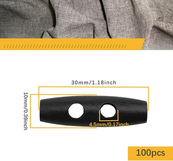 100 stk 30 mm svarte treknapper med 2 hull, olivenformede, for dunjakker