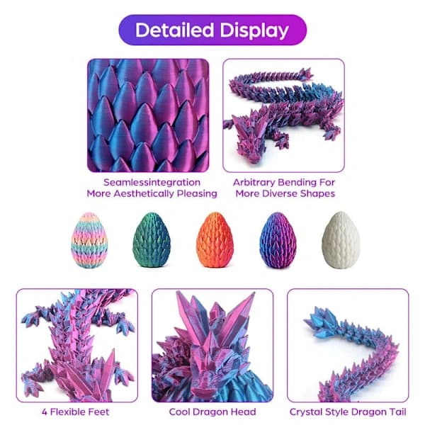 3D-printad laser drakeägg med 30 cm flexibel drak-fidgetleksaksfigurdekoration Laser Färgrik