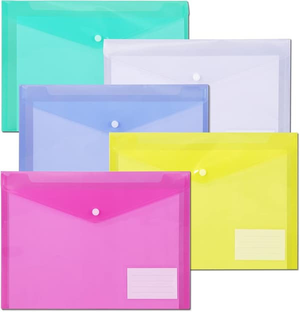Mappe med trykknap, A4-format, med etiketlomme, 5 farver, 12-pak