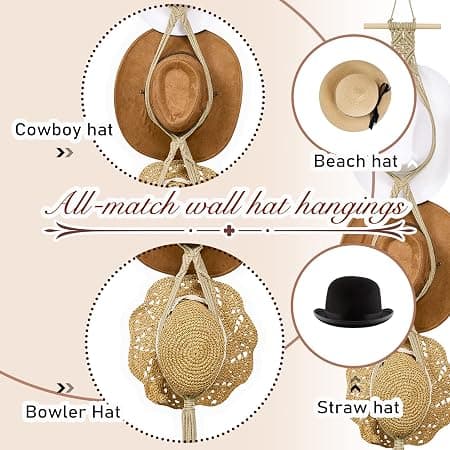 (Beige, Tre Hattar Stil) Makramé Hatt Hängare Hatt Hållare för Vägg[SL]